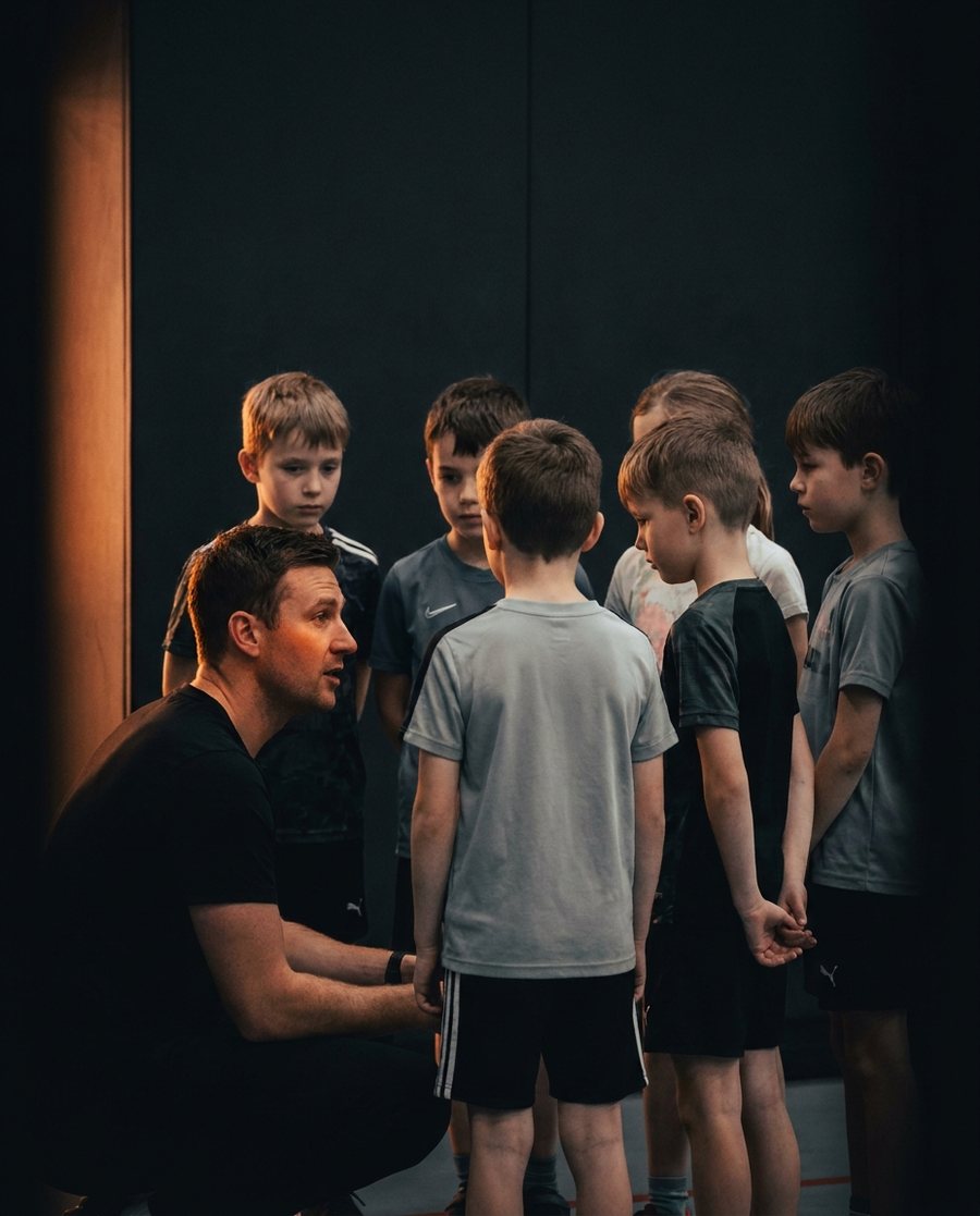Trener z grupą dzieci przed treningiem